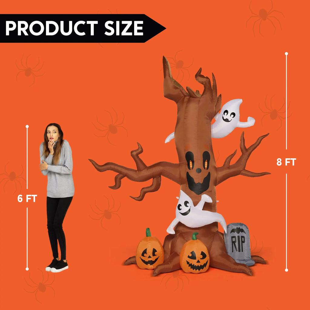 Joyfy Halloween Inflatable 8 FT Scary Tree Halloween Tree with Ghost and Build-in LEDs Blow up Yard Halloween Inflatables
