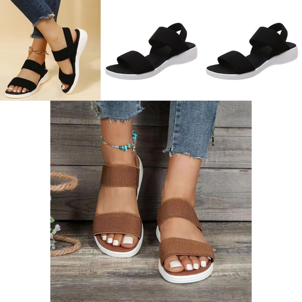 Summer Large Size Women's Shoes Casual Elastic Flat Sandals With Back Strap Fly Knitted Polyurethane Characters)