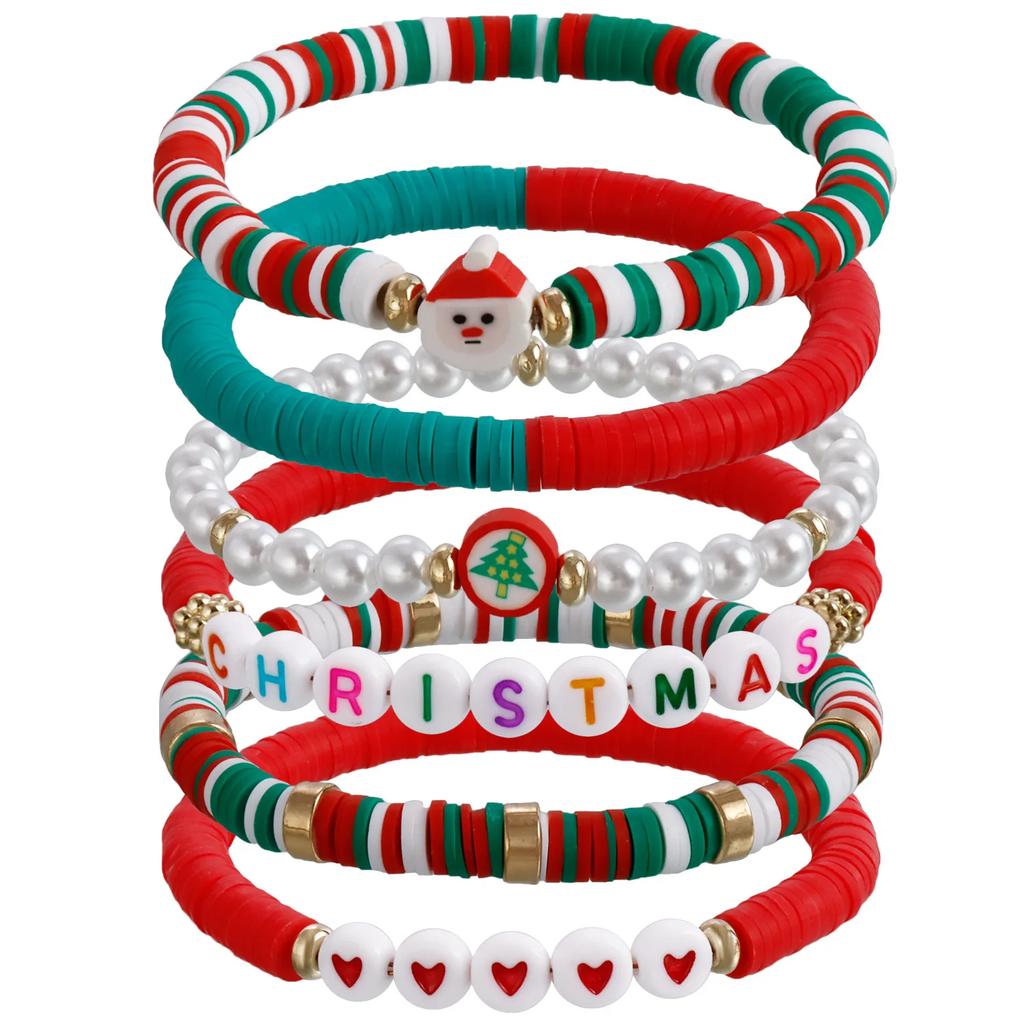 Y2K Polymer Clay Stackable Bracelet Set For Women Santa Claus Tree Elk Deer Snowflake Charm Beaded Bangle Christmas Jewelry