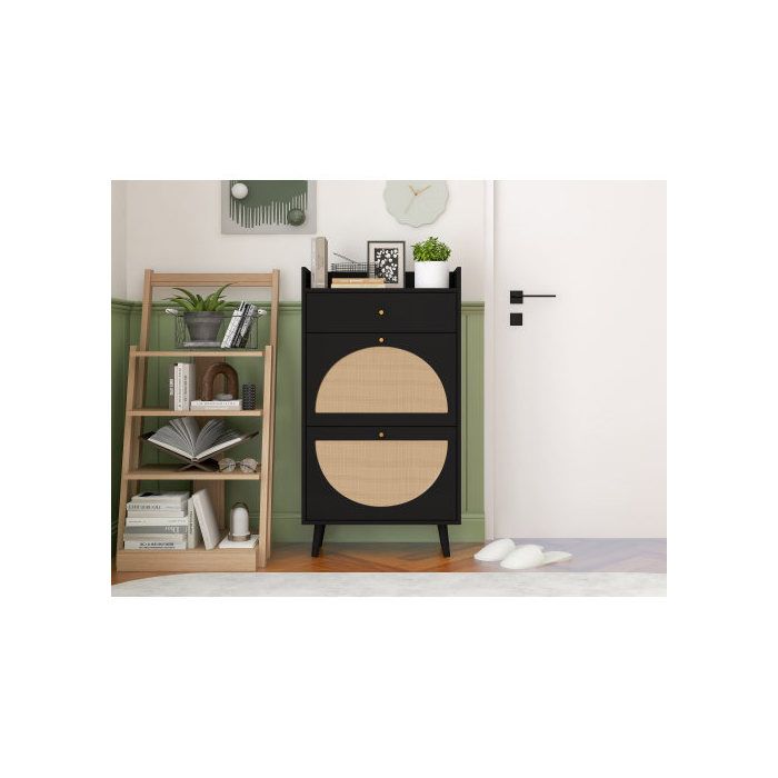 Meuble à chaussures - MUVOE - Double porte - Finition noire - 2 tiroirs - 10 paires de chaussures