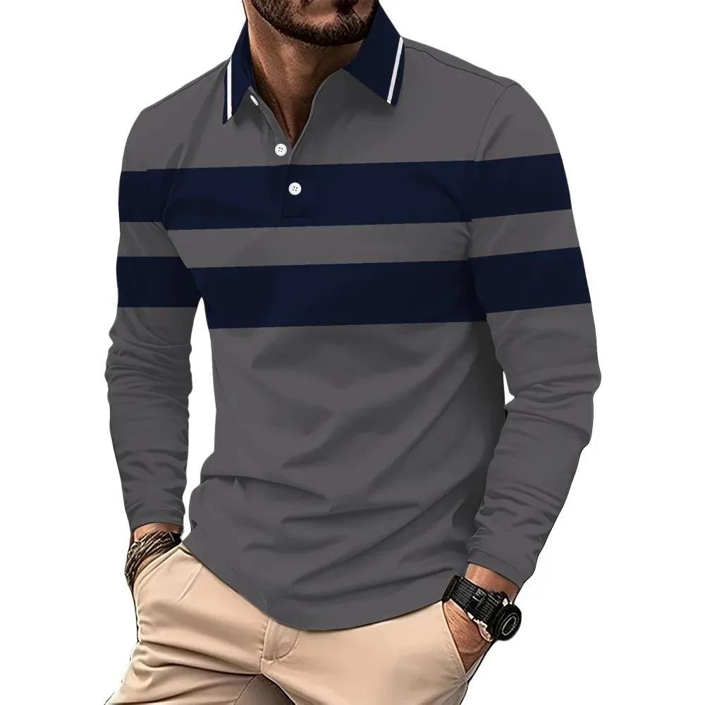

The New Men s Long-sleeved POLO Shirt for Spring and Autumn 2025 Is Casual Comfortable and Soft with 3D Checkered Print 3XL сірий