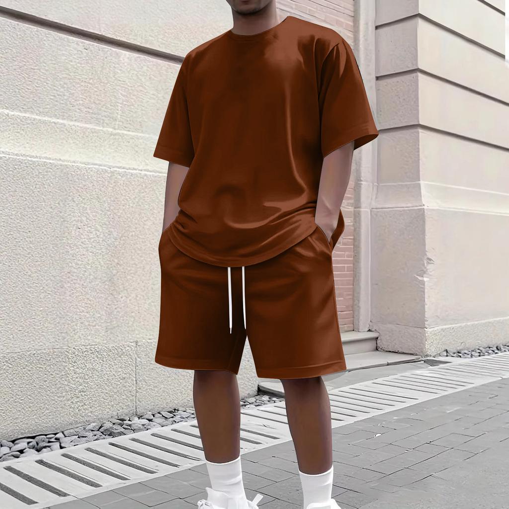 Men's Summer Casual 2-Piece Outfit Round Men's Neck Short Sleeve Tee Shorts Set