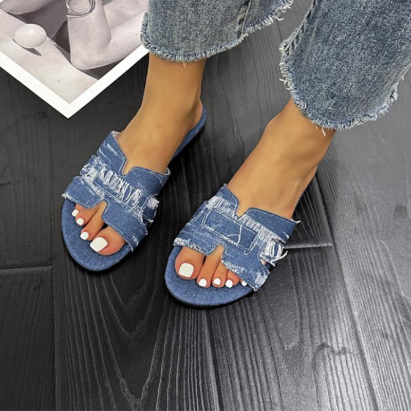 Fashion New Large Size Slippers 2024 Summer New Flat Bottomed Sandals for Women's Denim Solid Color Slippers
