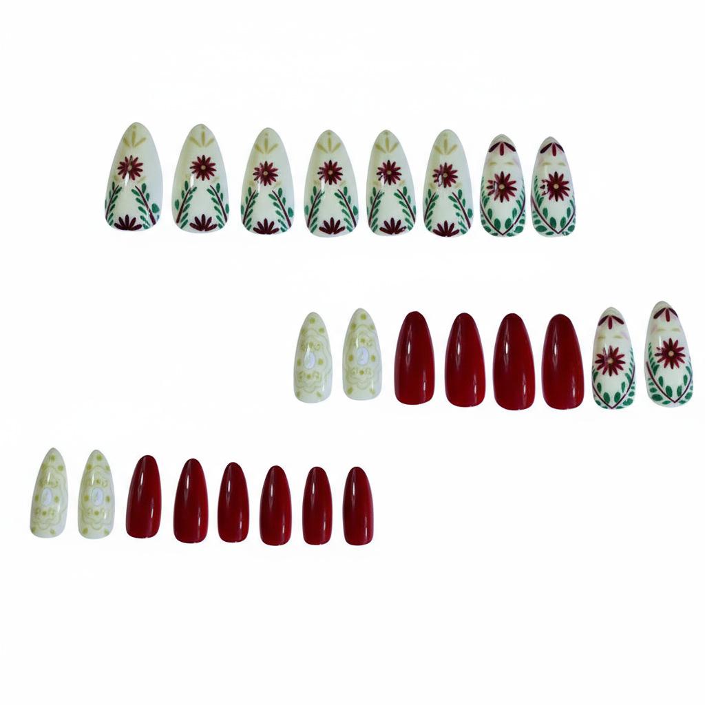Europe, America, autumn and winter nail art wear nail simple fashion flower leaf gold pattern almond wear nail