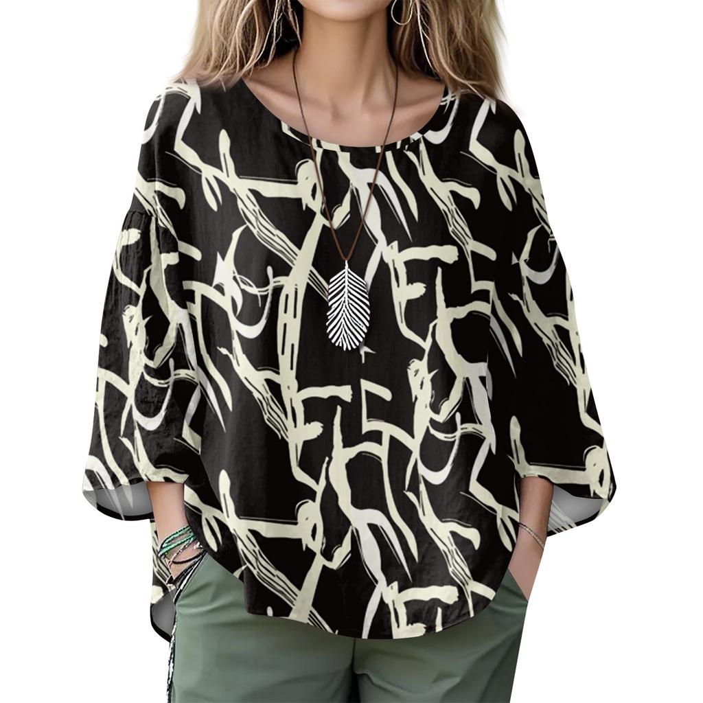 Summer Tops For Women Cute O Neck 3/4 Sleeve Blouses Floral Print Top Casual Shirts