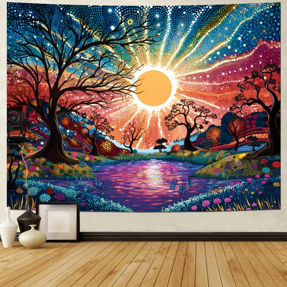 Serborlur Tree of Life Tapestry Trippy Sun Forest Tapestries Colorful Starry Sky Tapestries Hippie Nature Landscape Wall Tapestry Aesthetic Vintage