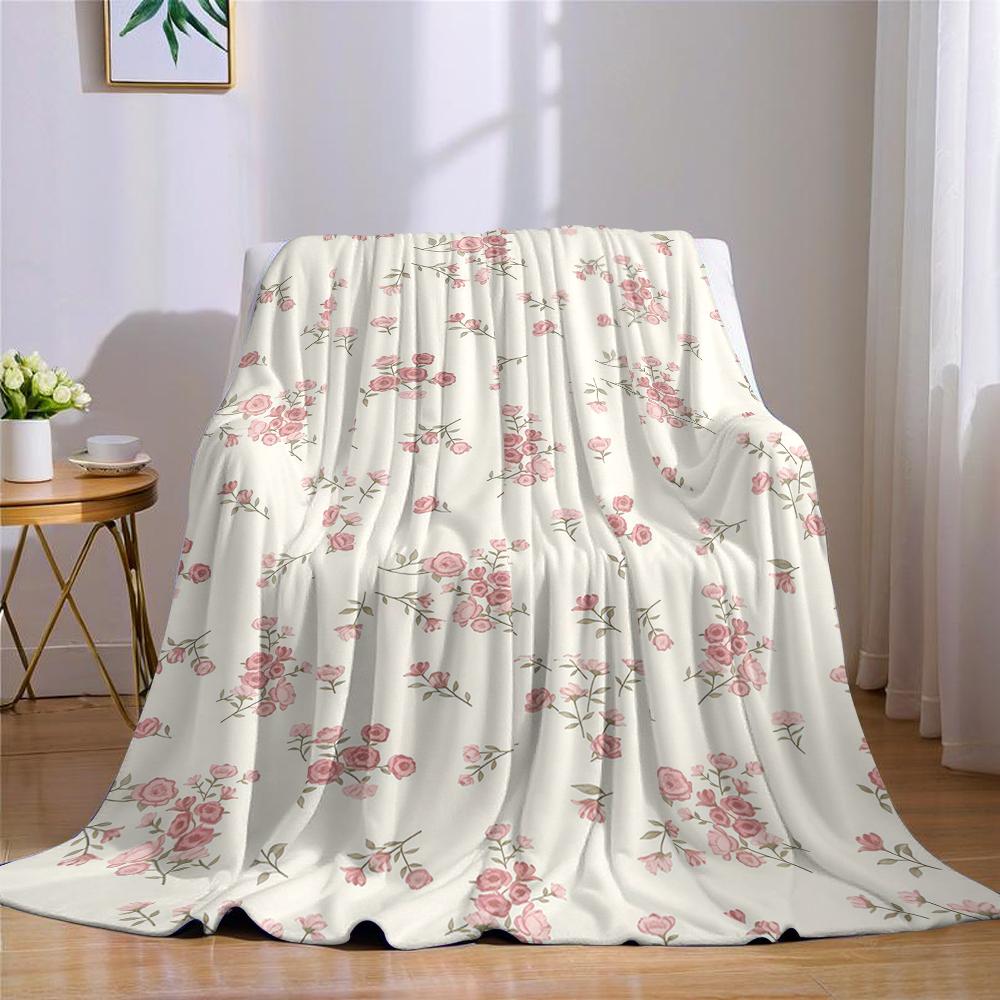 Cream Pink Flowers Flannel Blanket Warm Soft Halloween Christmas Couch Warm Cozy Decorative Decor Gift for All Season