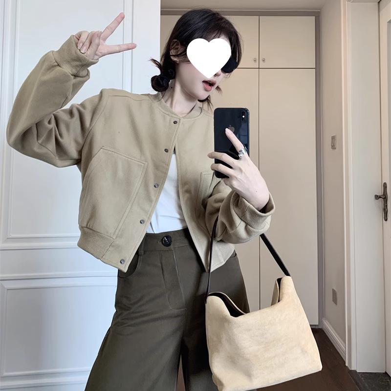 Women’s Khaki Woolen Baseball Jacket: Spring 2025 Petite Short Coat in New Style