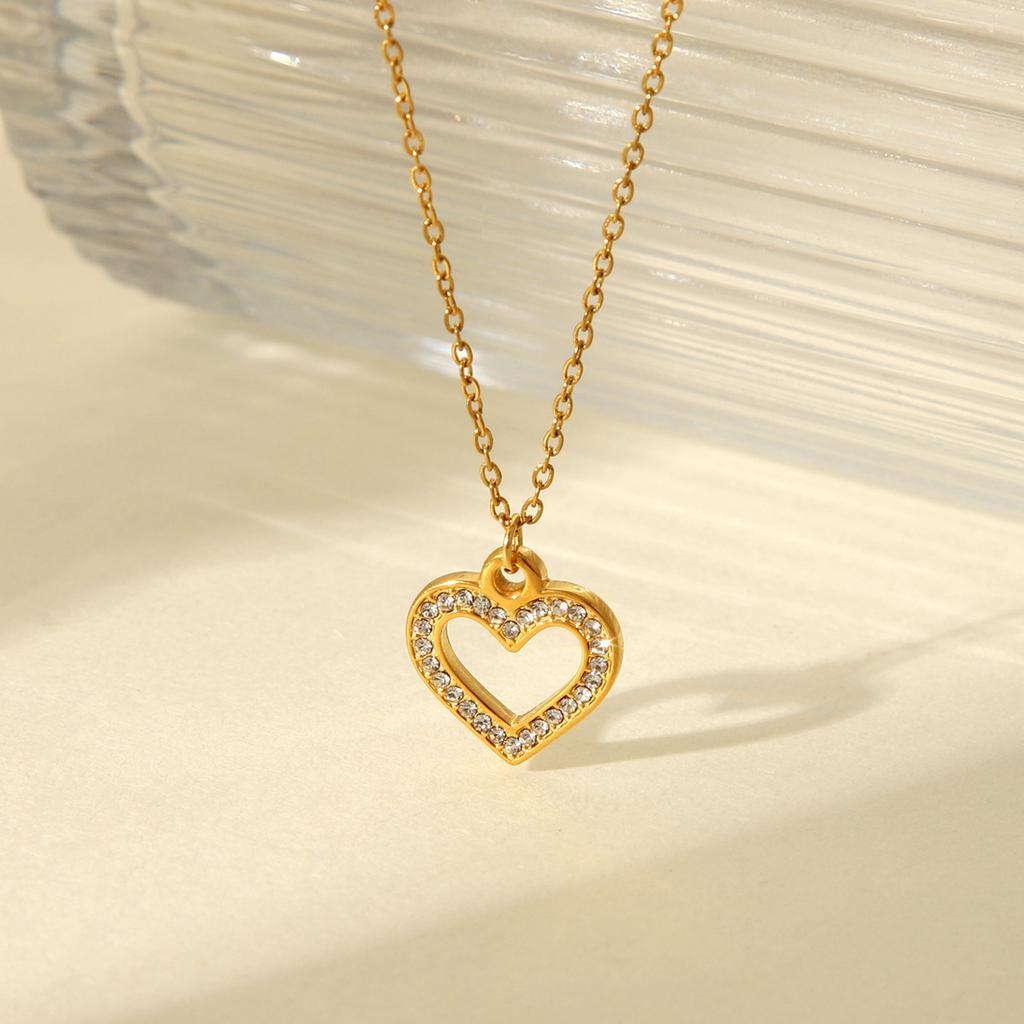 Hollow Heart Zircon Pendant Necklace Stainless Steel Luxury Chain Women's Versatile Jewelry
