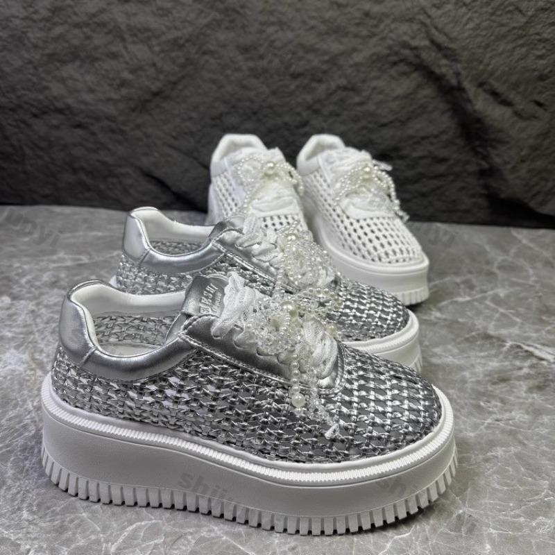 Fashion Women's Shoes 2025 Summer New Height Increasing Mesh Breathable Platform Shoes Lightweight Lace Up Bow-knot Casual Shoes