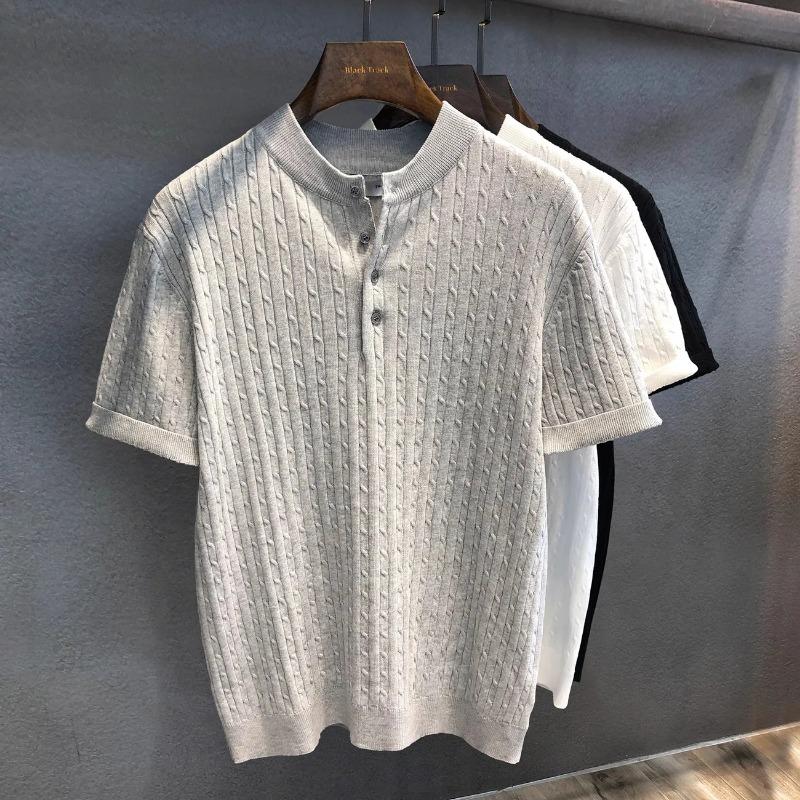 Men's Knitted Manin Collar Polo Shirt Casual Short Sleeve Textured Button Top