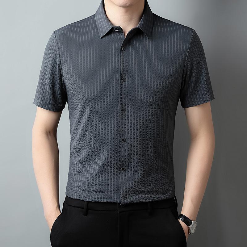 

Рубашка с короткими рукавами, летняя, новая, полосатая, напечатанная, высокоэластичная, не требующая глажки, бесшовная, с лацканами, для мужчин XXXXL