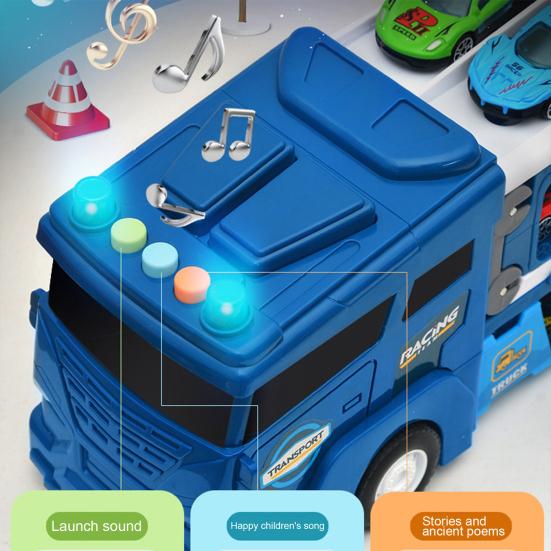 Kinder-LKW-Spielzeug mit Ton, Licht, Wegweisern, doppelschichtig, faltbar, aus Legierung, Mini-Auswurf, Autorennen, Trägheitsantrieb, Trägerbehälter