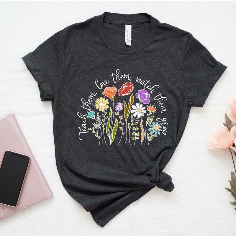 Rundhalsausschnitt, kurzärmelig, bedruckt, inspirierende Lehrerin, bequem, lässig, locker, Baumwolle, kurzärmelig, T-Shirts für Damen