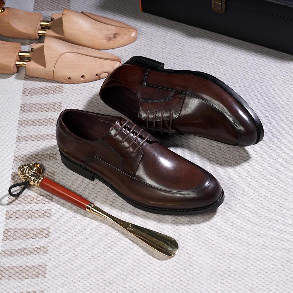 Fashion Italian Style Men's Derby Shoes Handmade Genuine Leather Plain Toe Lace-Up Business Office Wedding Formal Dress Shoes for Men