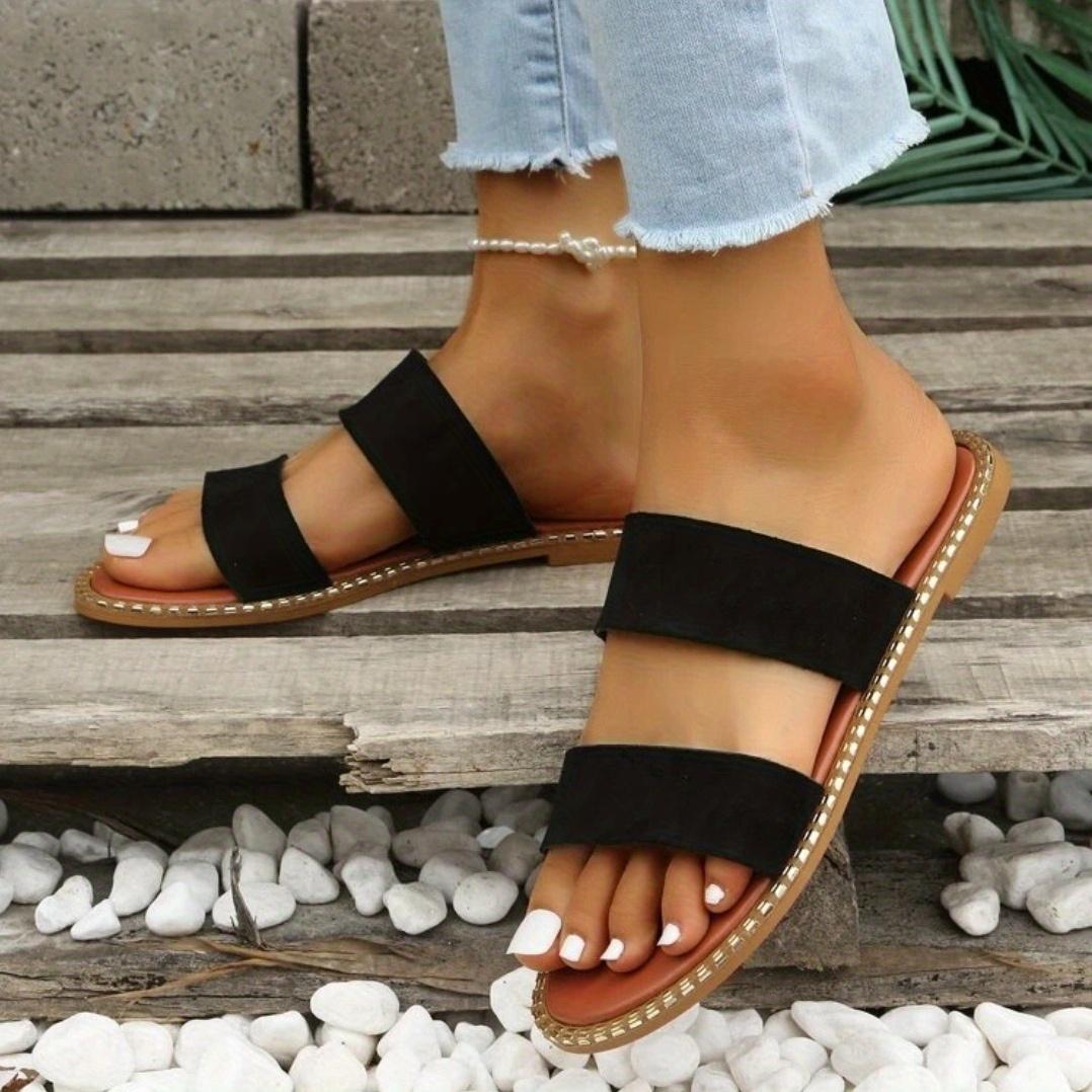 

Женские шлепанцы на плоской подошве с двойным ремешком, противоскользящие туфли без шнуровки с круглым носком, универсальные пляжные шлепанцы на открытом воздухе 42 чёрный