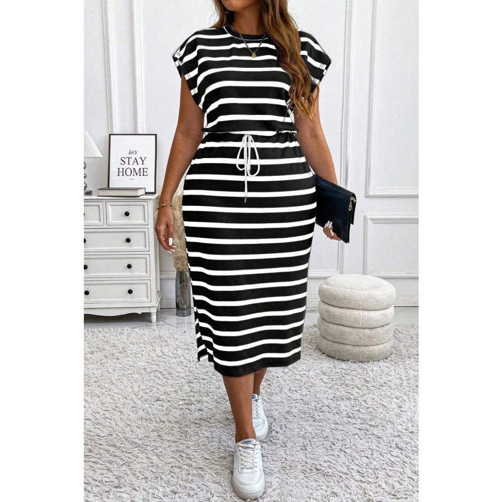 Dámské pruhované přiléhavé šaty, stahovací pas, ležérní pohodlné seštíhlujícího střihu, plus size