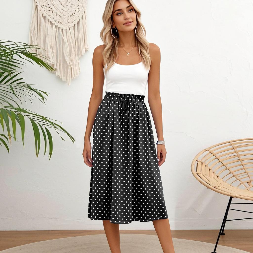 Women's Casual High Waist Drawstring A-line Skirt Printing Skirt