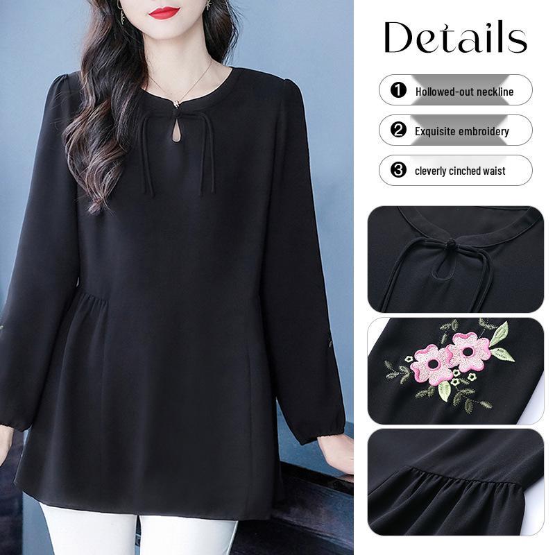 Nadměrná velikost vyšívaný top s dlouhým rukávem a kulatým výstřihem na podzim/zimu - Pro ženy středního věku a starší