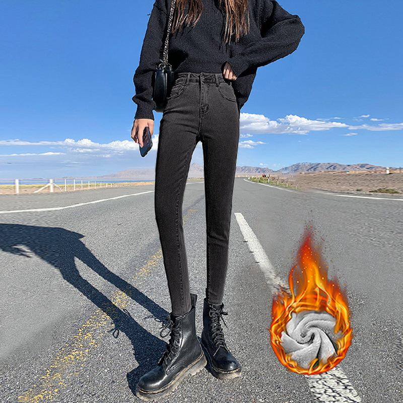 Black High-Waisted Plus Velvet Stretch Skinny Jeans for Women - Winter 2021, Slimming Plus Size, Warm & Thickened.