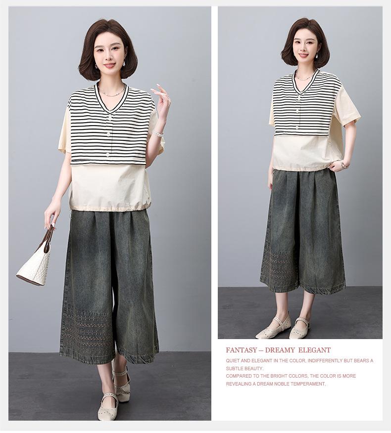 Pantaloni de damă retro brodați cu picior larg din denim cu șnur, talie înaltă, croi scurt pentru vara 2024