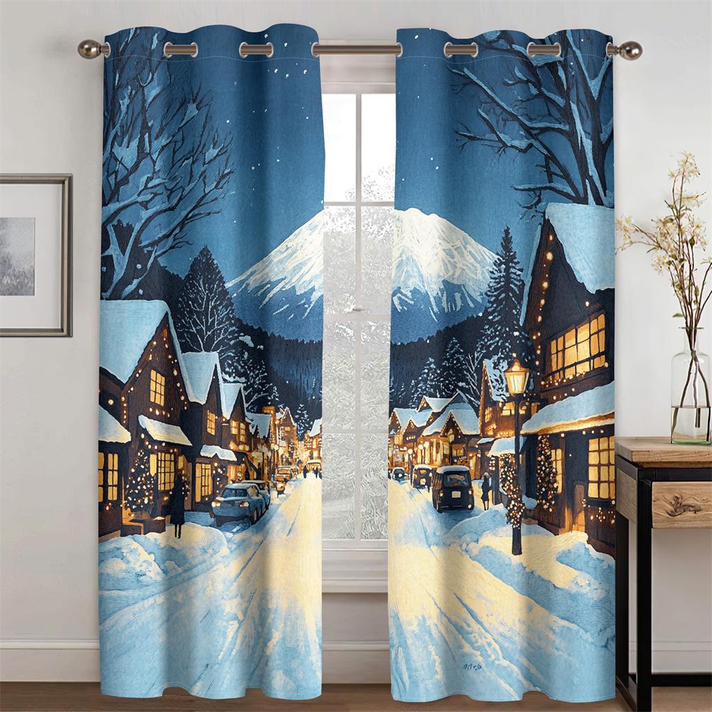 Klassischer Cartoon Berg Fuji Vorhang Schnee Straßen Atmosphäre 2 Paneele Wohnzimmer Schlafzimmer Küche Balkon Fensterdeko