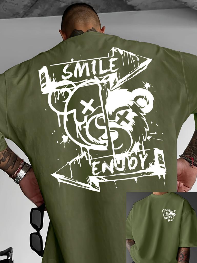 Summer 100 pure cotton Unisexs casual smile enjoyUnisext bear street graffiti style loose round neck short sleeved Tshirt top