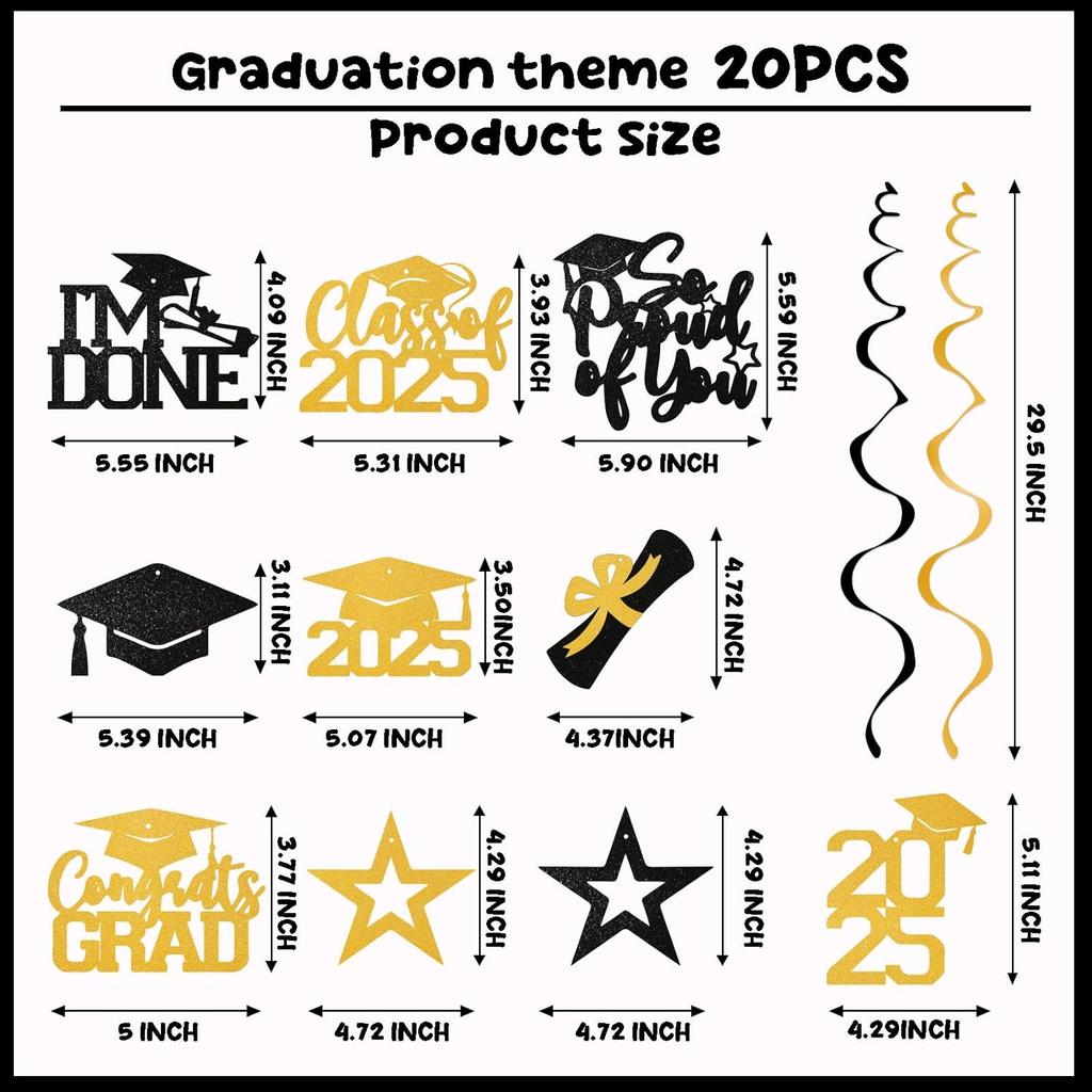 20Pcs Gold Black Graduation Hanging Swirl Decor, Class of 2025 Hanging Decorations, I’m Done, Congrats Grad, 2025 Happy Graduation Party