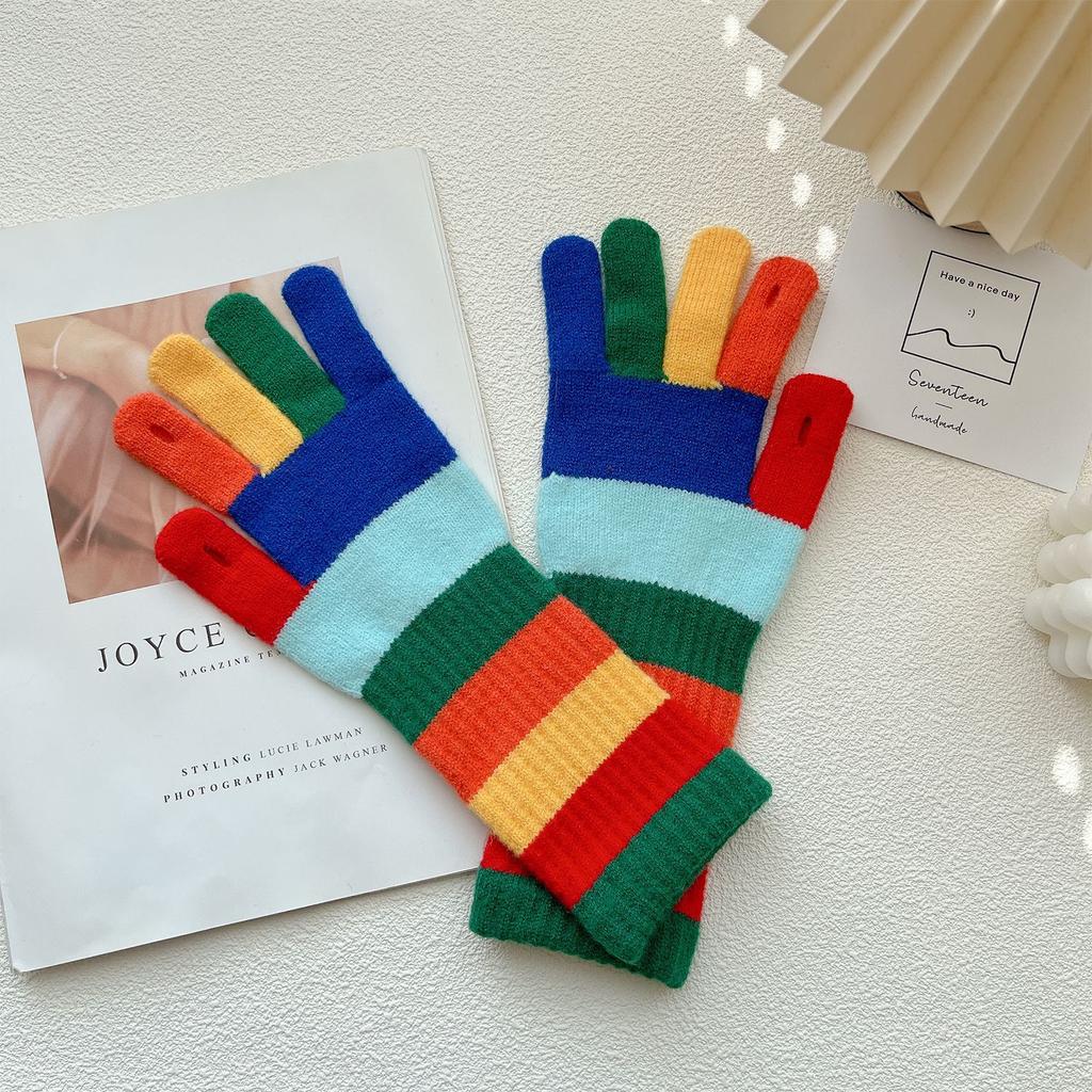 Korean New Rainbow Gloves for Women In Winter Warm Wool Half Finger Gloves American Street Fashion Versatile Cycling Trend