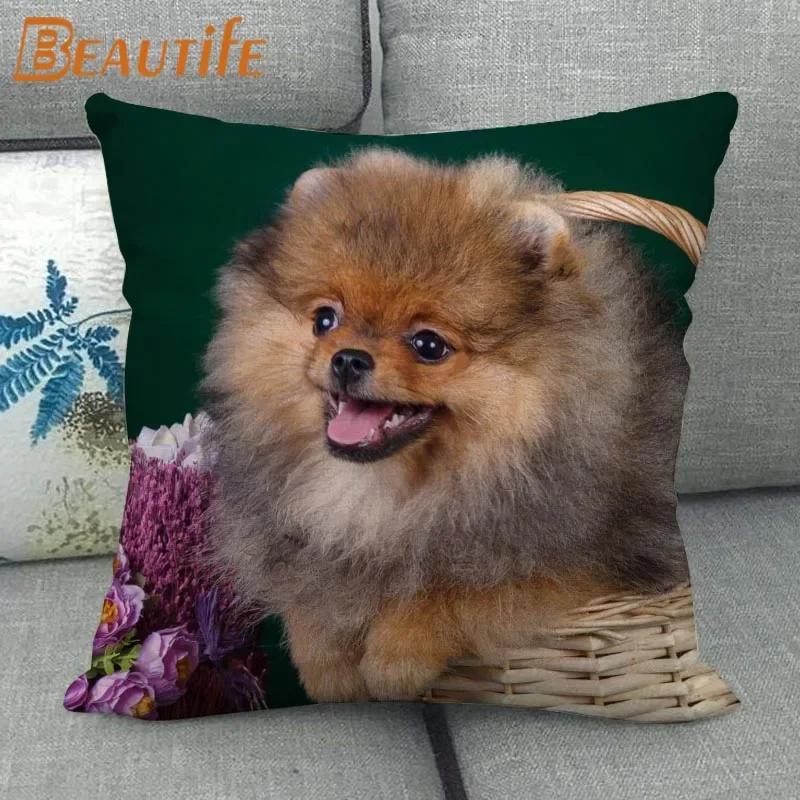 Nice Pomeranian Dog Pillowcase Bedroom Home Decorative Cover 45x45cm Square Zipper Pillow Cases Cotton Linen Fabric No Fade