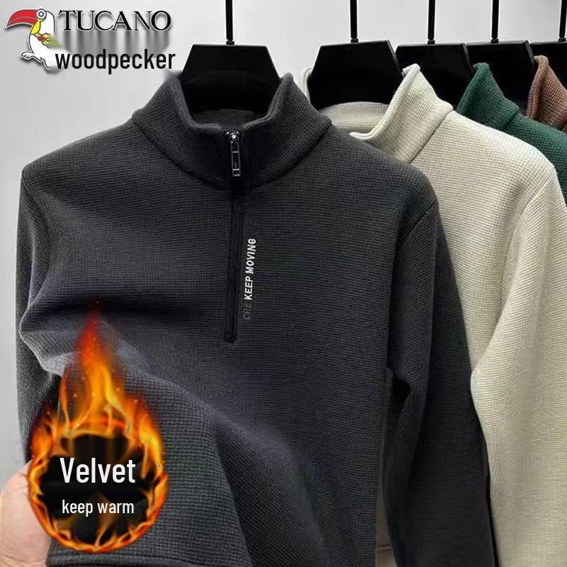 Men's Fleece-Lined Woodpecker Half-Zip Sweatshirt - Winter Casual Long-Sleeve Base Layer