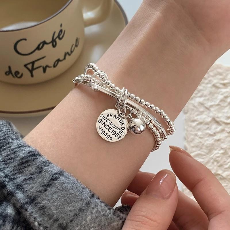 Korean Style S925 Silver Plated Retro Graffiti Patchwork Bangle - Women's Hip Hop Fashion Trend Bracelet