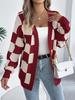 Herbst/Winter Colorblock Karomuster Laternenärmel Strickjacke Pullover Lange Oberbekleidung für Damen