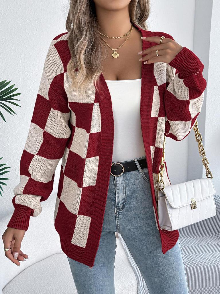 Herbst/Winter Colorblock Karomuster Laternenärmel Strickjacke Pullover Lange Oberbekleidung für Damen