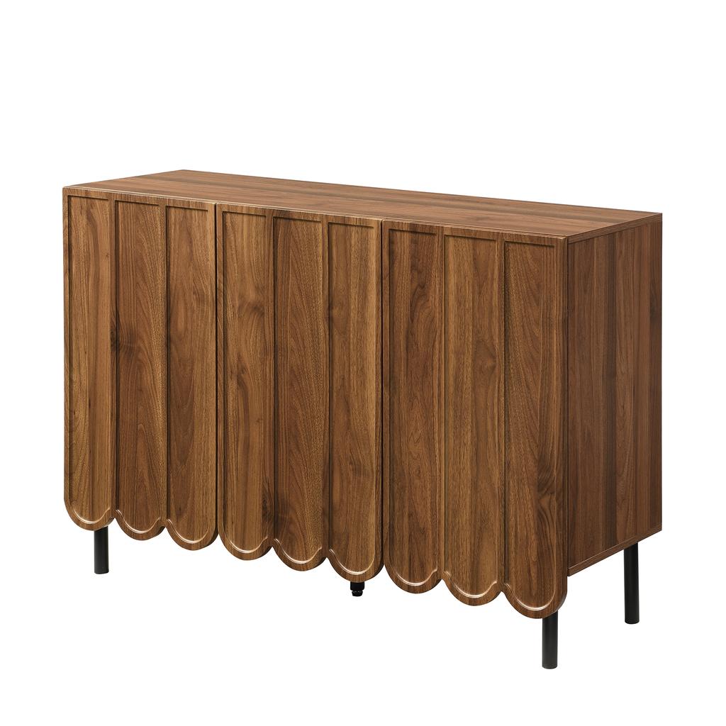 Modern wood-colored sideboard with wave doors – 120x35x80 cm – handleless, adjustable shelves – storage space for living room, hallway & dining room