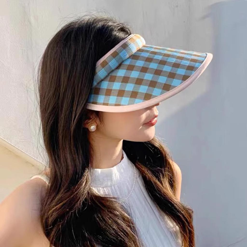 New dopamine checkerboard contrasting color empty top sunscreen hat girls summer outdoor big brim sun hat