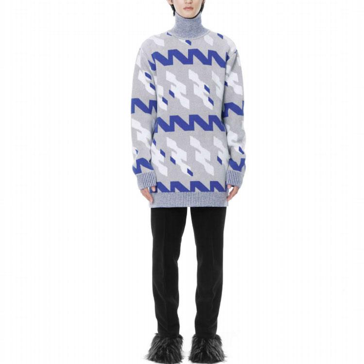 We11done FW21 Blue Geometric Pattern Jacquard High Neck Wool Sweater Unisex sweater Gray WD-KT3-21-646-U-BL