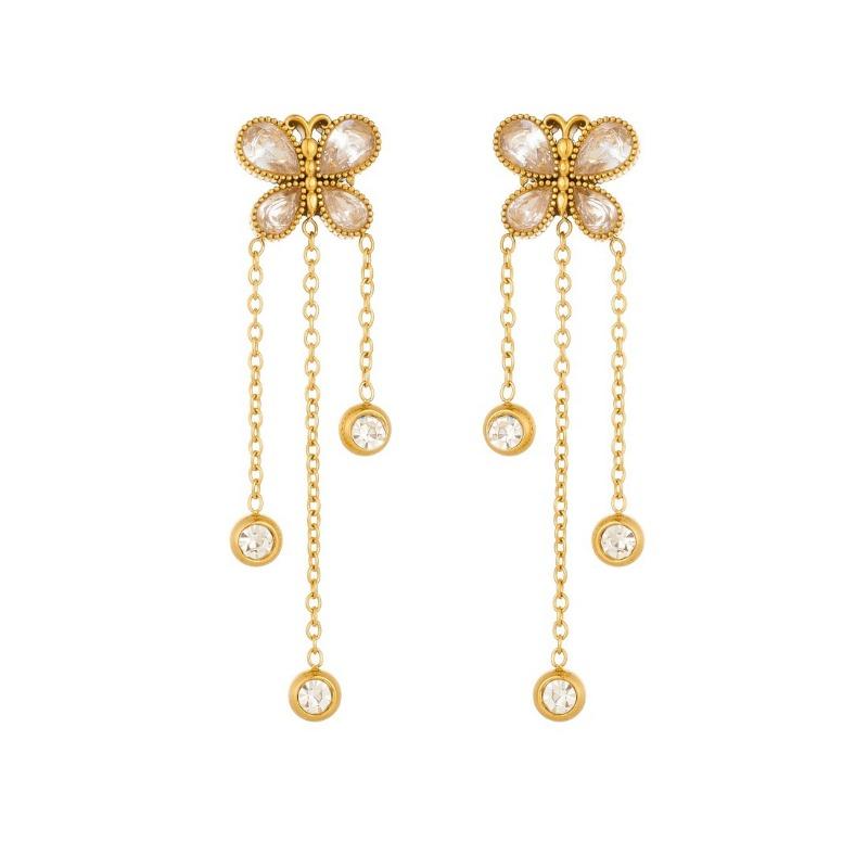 Gold Plated Stainless Steel Butterfly Earrings with Tassel & Clear CZ Drops for Women