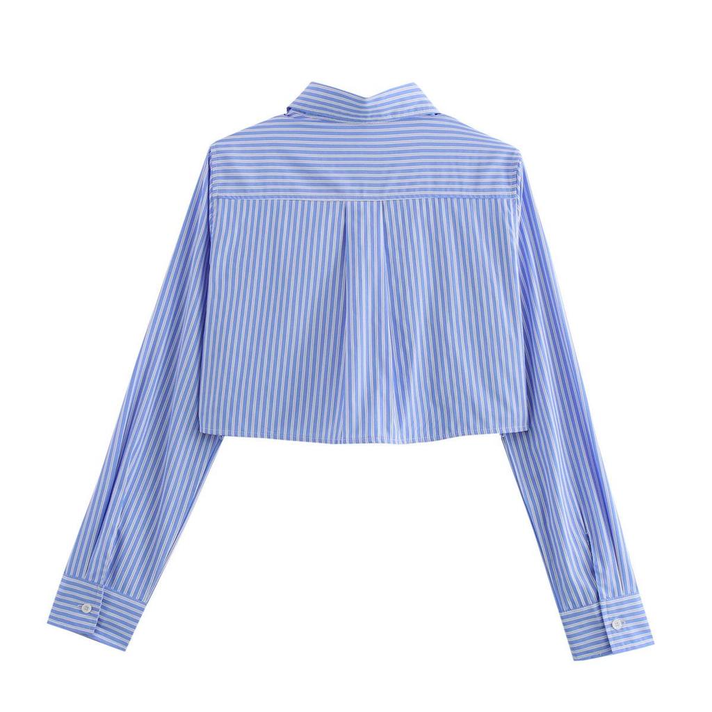 Spring 2025 Blue Striped Short Shirt with Pocket Detail for Women