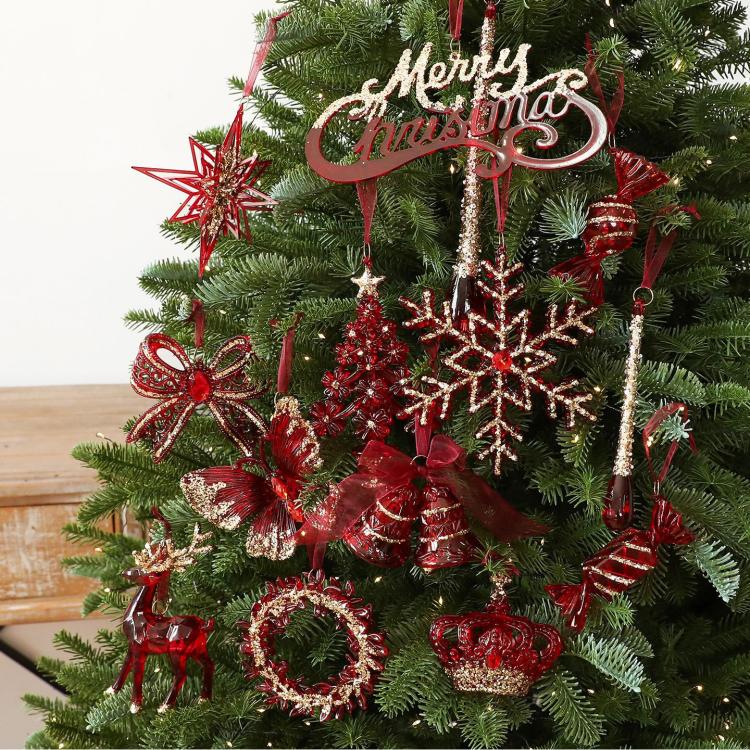 Burgundy Clear Acrylic Christmas Tree Ornament Wine Red & Gold Glitter Hanging Pendant