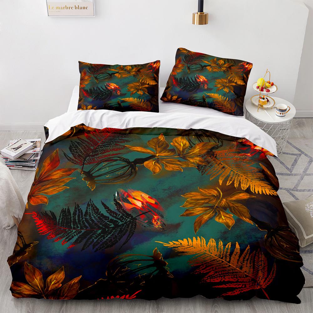 Tropical Plants Floral King Queen Duvet Cover Green Palm Leaves Bedding Set Cream-colored Flowers 2/3pcs Polyester Quilt Cover