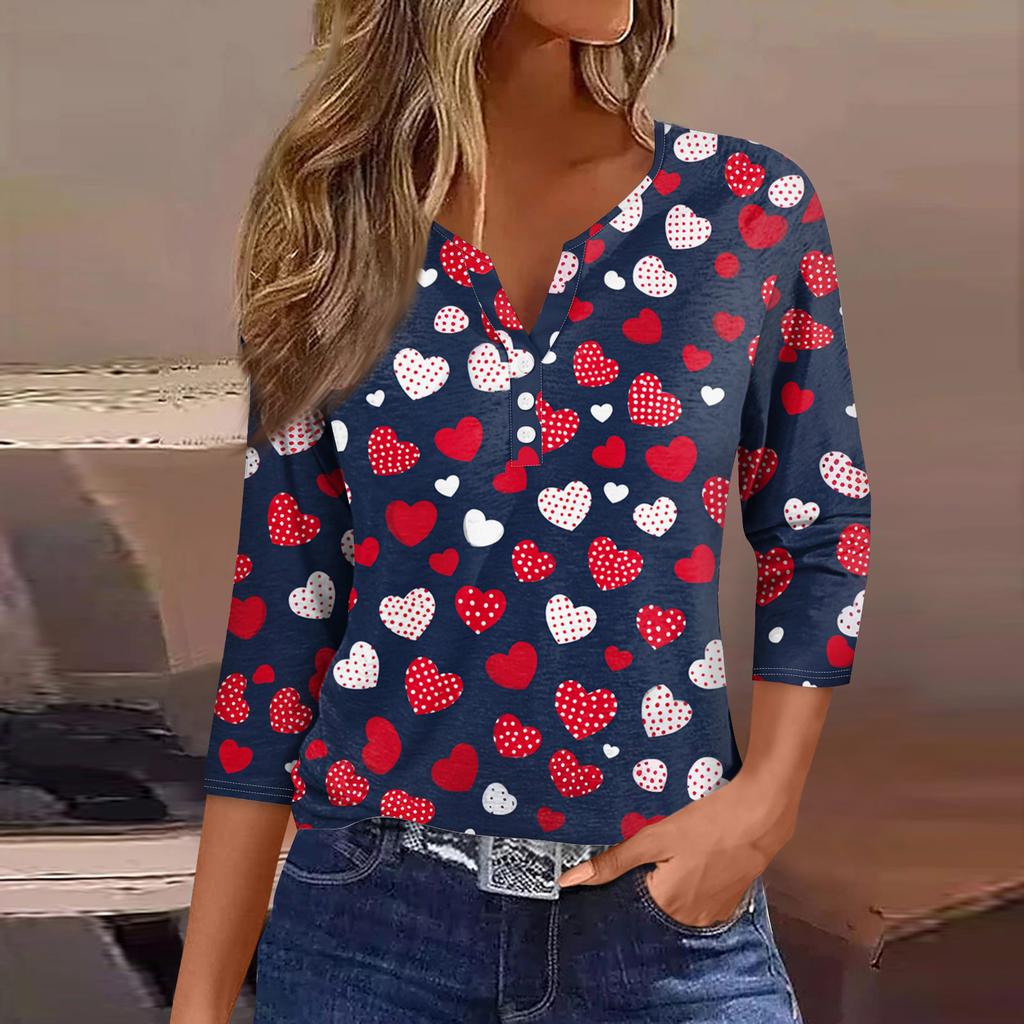 Damen Kragen Valentinstag Print Kurzarm T-Shirt Top