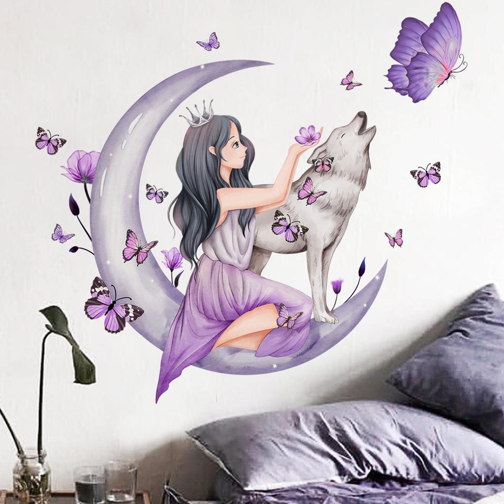 Wolf Moon Butterfly Wall Stickers for Girls Room Decoration Kids Room Decals Bedroom Sticker