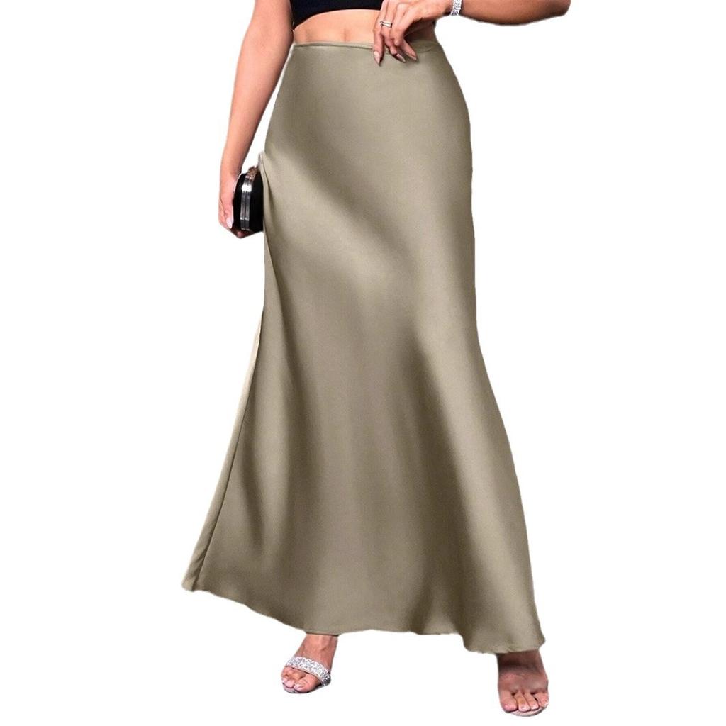 Women's Spring Summer Satin Silk-Like Half Skirt European American Style Simple Long Skirt