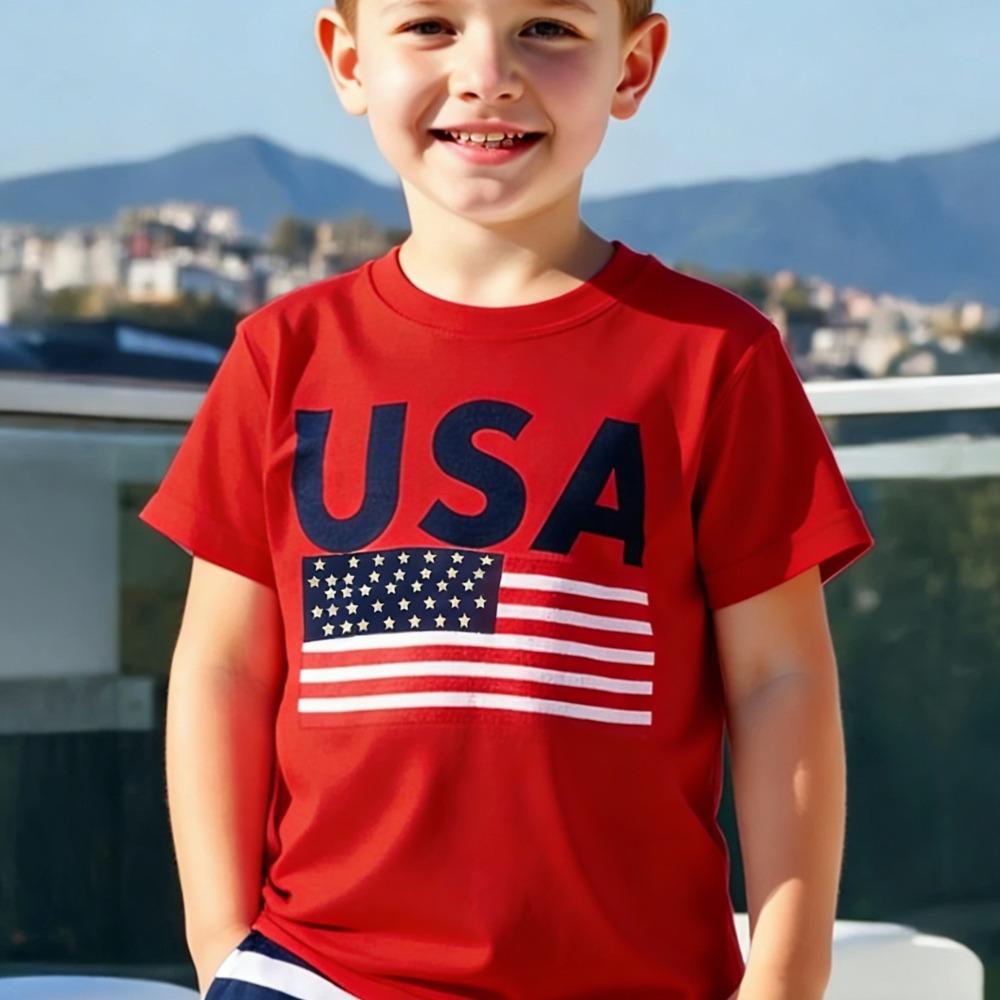 USA American Flag Graphic Printed Children T-shirt Independence Day Shirt Contracted Design Daily Life Casual Boys Girls Tshirt