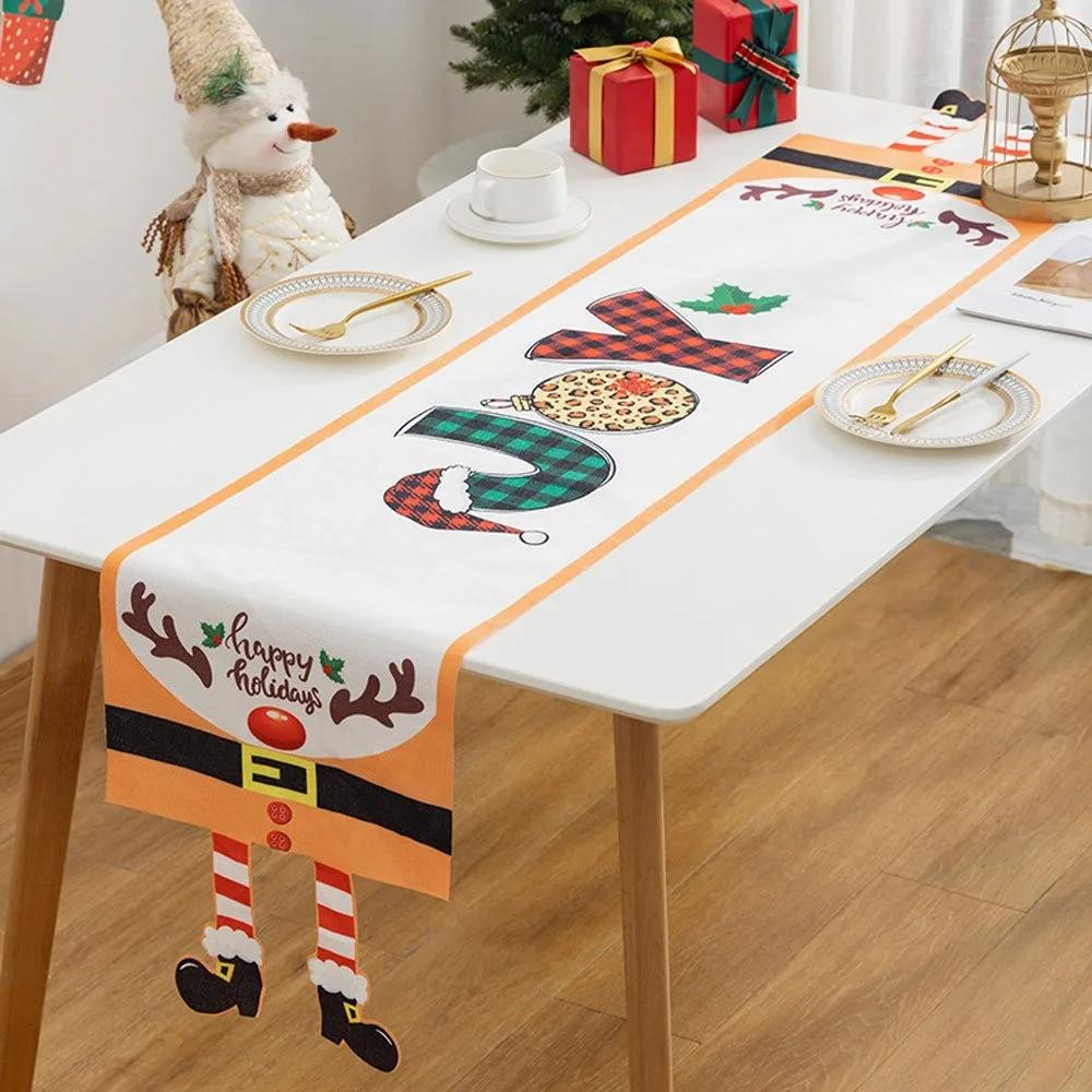 Cartoon Fabric Christmas Tablecloth Xmas Ornament Navidad Table Runner Reusable Merry Christmas Table Flag Christmas