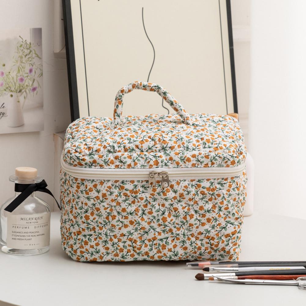 3Pcs Floral Makeup Bag Cotton Quilted Travel Makeup Pouch Large Cosmetic Bag with Zipper Toiletry Bag for Women