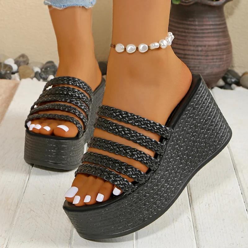 Fashion New Fashion Gold Wedge Sandals for Women Summer Braided Strap Chunky Platform Sandles Woman Thick Bottom Non Slip Beach Slippers