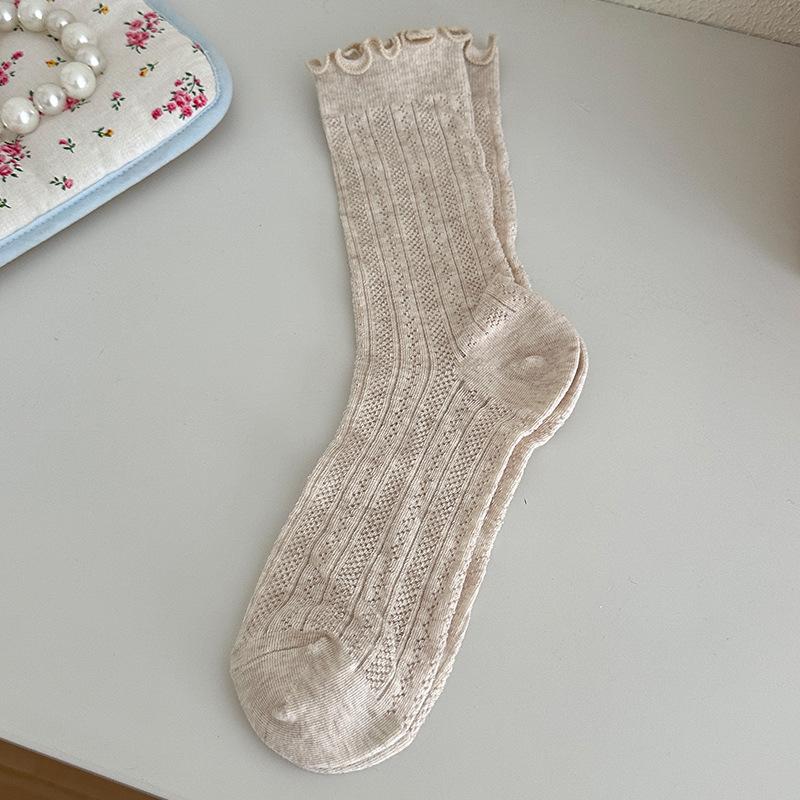 Women's White Mid-Calf Cotton Mesh Slouch Socks with Wood Ear Edge – Breathable, Thin, Summer Style