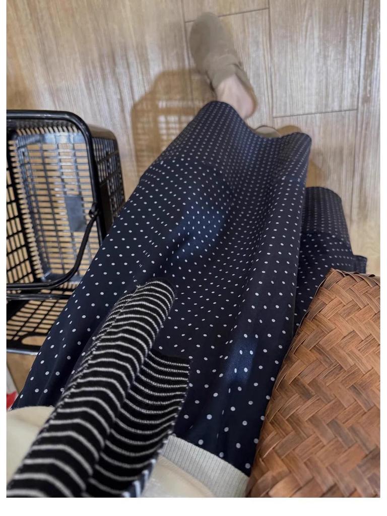 Women's Summer 2025 Navy Blue Polka Dot High-Waisted A-Line Midi Skirt